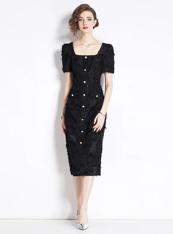 RETRO FRINGED SQUARE COLLAR SHORT SLEEVE SLIM DRESS Refined Women's Classic 