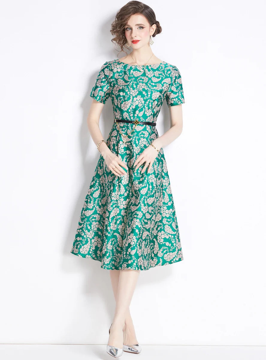 RETRO JACQUARD SILM WAIST DRESS Cashmere