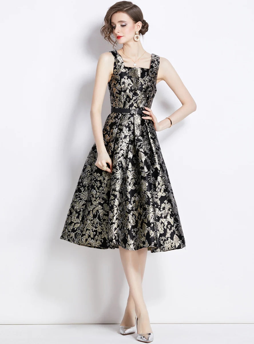 RETRO JACQUARD SLEEVELESS SLIM DRESS Bohemian Women's Free