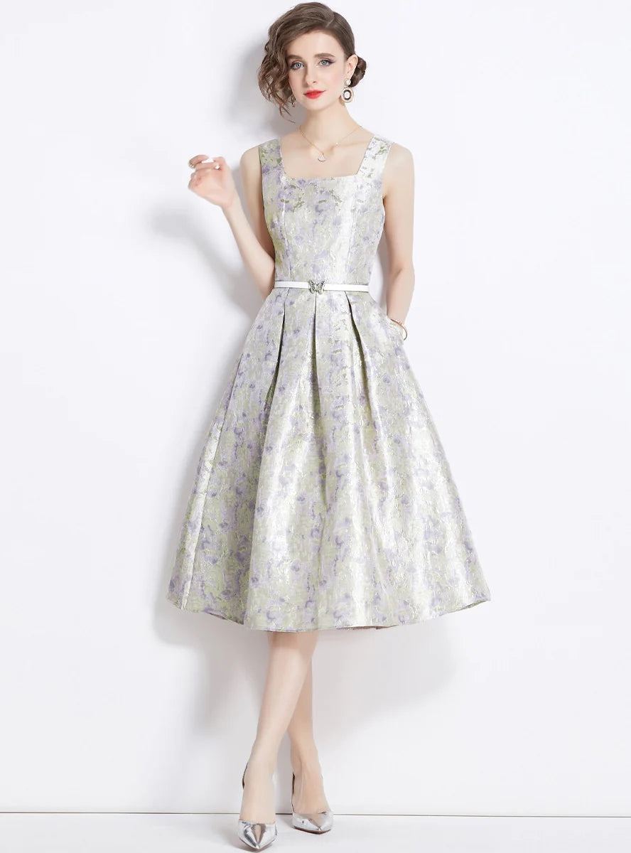 RETRO JACQUARD SLEEVELESS SLIM DRESS Sophisticated Women's 
