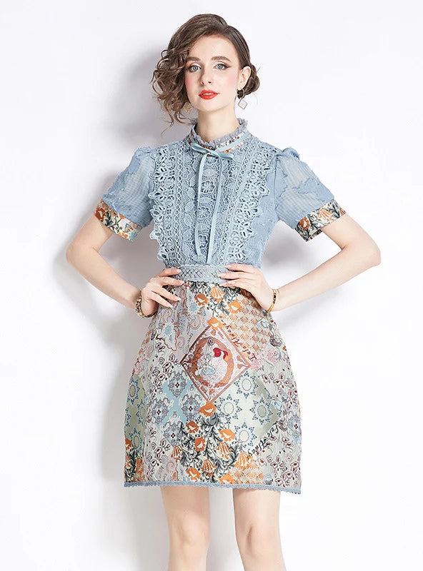 RETRO JACQUARD STAND COLLAR LACE DRESS Streetwear Style for 