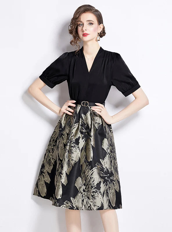 RETRO JACQUARD V-NECK SHORT-SLEEVED DRESS Elegant Women's 