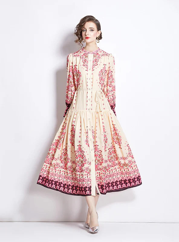 RETRO LANTERN SLEEVE PRINTED LONG SLEEVE DRESS Trendy Women's Oversized