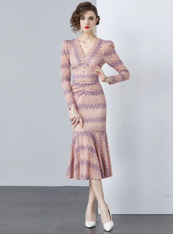 RETRO LONG-SLEEVED SLIM V-NECK DRESS French