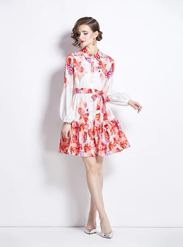 RETRO PRINTED LANTERN SLEEVE DRESS Feminine Women's Soft 
