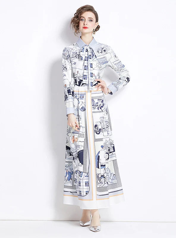 RETRO PRINTED LAPEL LONG SLEEVE DRESS Casual Women's Japanese 