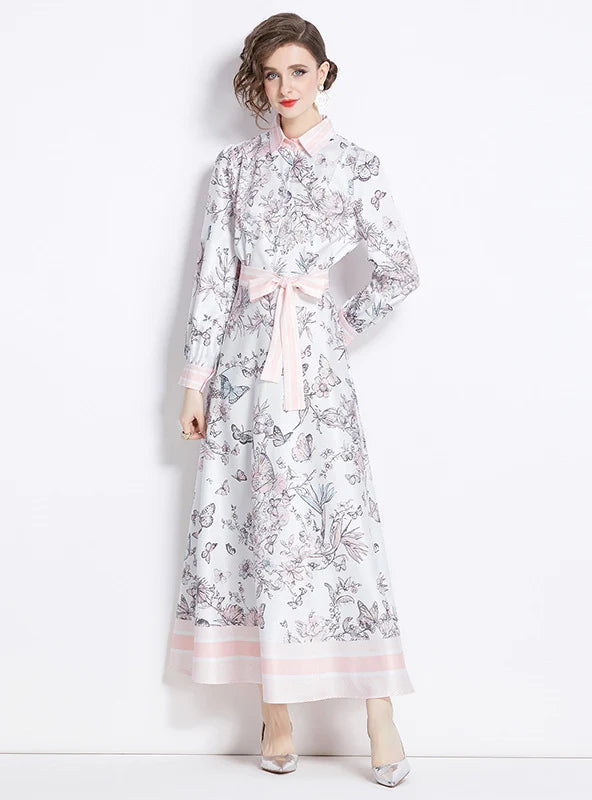 RETRO PRINTED LAPEL LONG SLEEVE DRESS Dapper Women's 1920S