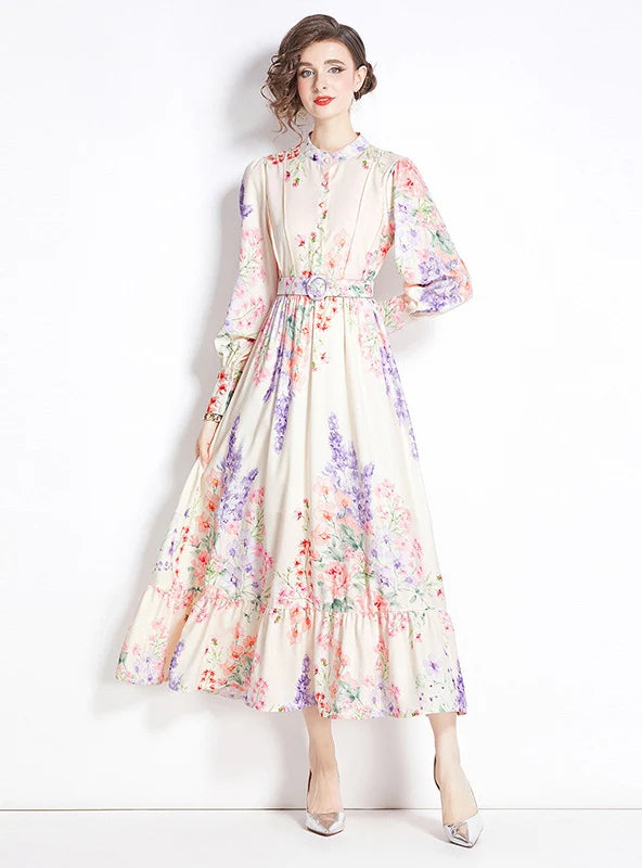 RETRO PRINTED LONG SLEEVE SILM WAIST DRESS Laid - back Women's Style