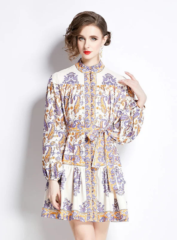 RETRO PRINTED LONG SLEEVE STAND-UP SLIM DRESS Hip Women's Retro