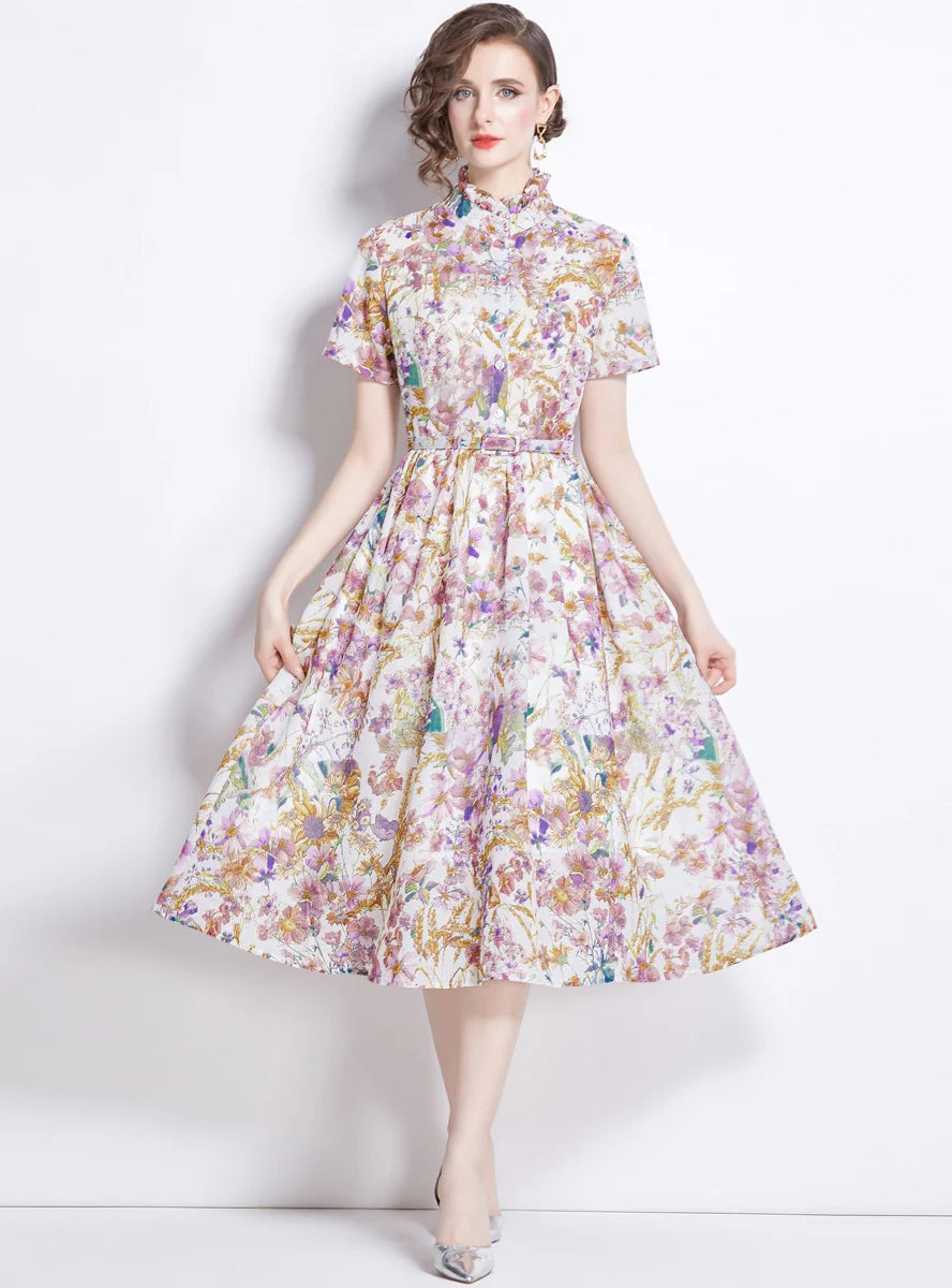 RETRO PRINTED SHORT SLEEVE SLIM DRESS Practical Women's Quick - dry