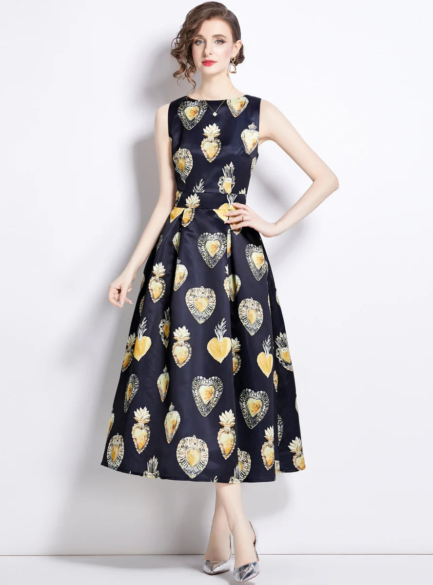 RETRO PRINTED SLEEVELESS SLIM DRESS Hip Women's Retro