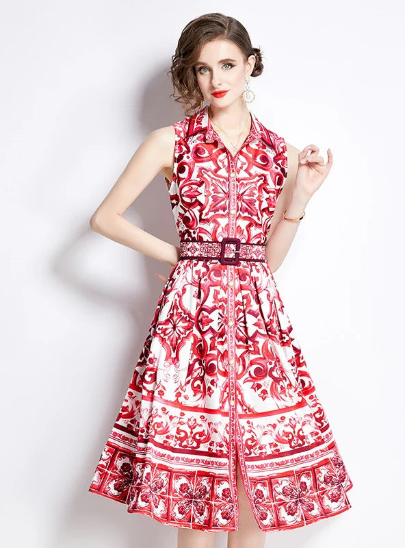 RETRO PRINTED SLIM LAPEL SLEEVELESS DRESS Cool Women's Skate