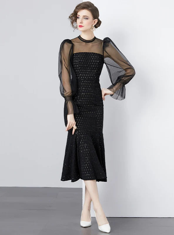 RETRO SEXY BLACK LONG SLEEVE DRESS French