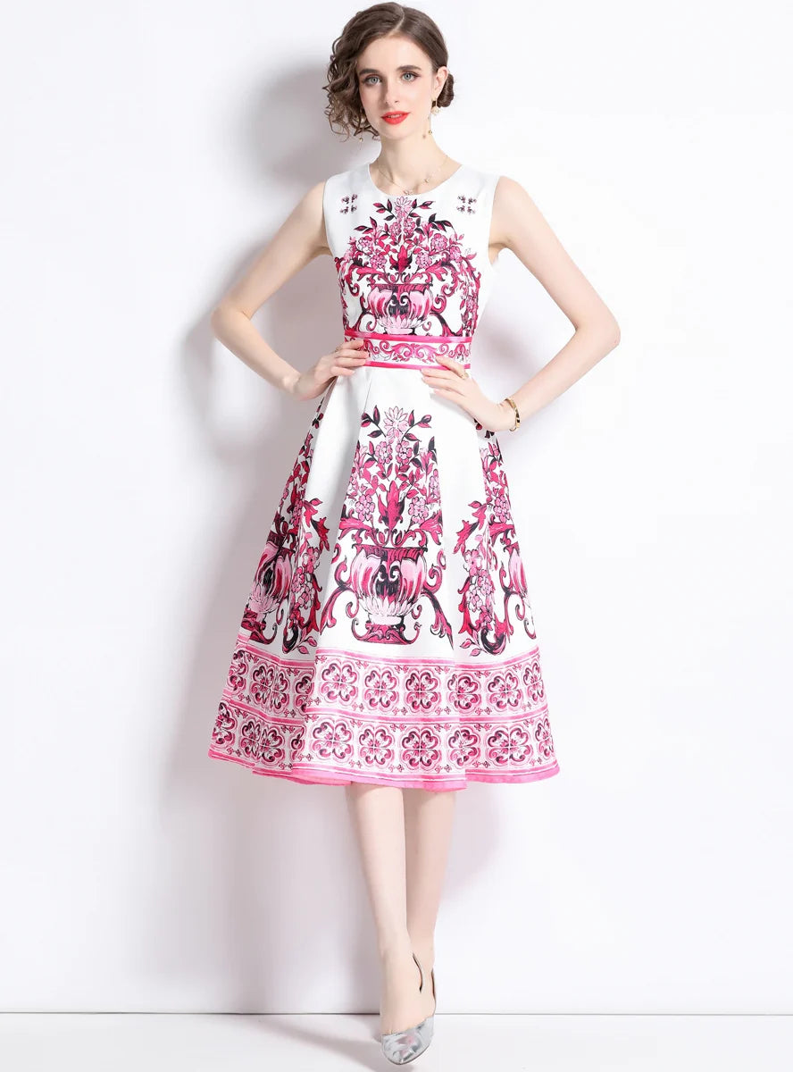 RETRO SLIM ROUND NECK SLEEVELESS PRINTED DRESS Casual Women's Loose - fitting