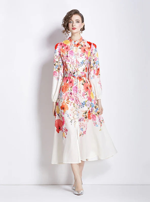 RETRO STAND-UP COLLAR PRINTED SLIM LONG-SLEEVED DRESS Dynamic Women's Moto