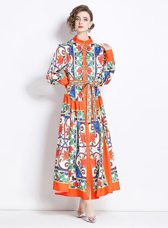 RETRO STAND-UP COLLAR SINGLE-BREASTED PRINTED DRESS Trendy Women's 