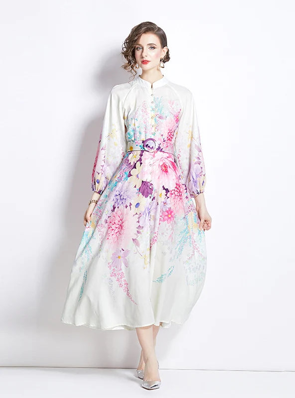 RETRO STAND-UP LANTERN SLEEVE PRINTED DRESS Sporty Women's Athleisure 