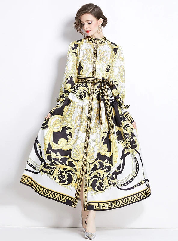 RETRO STAND-UP PRINTED LONG DRESS Traditional Women's 