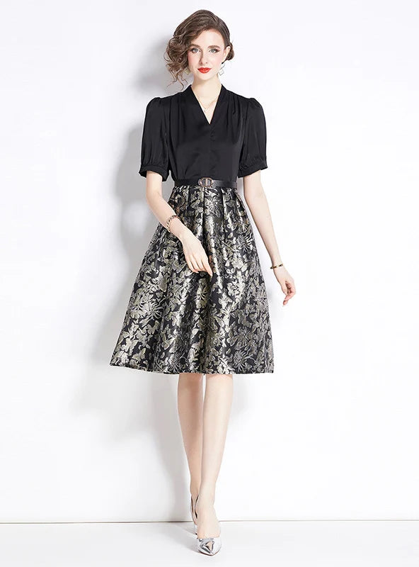 RETRO STITCHING FAKE JACQUARD V-NECK SHORT-SLEEVED DRESS Sleek Women's Metallic