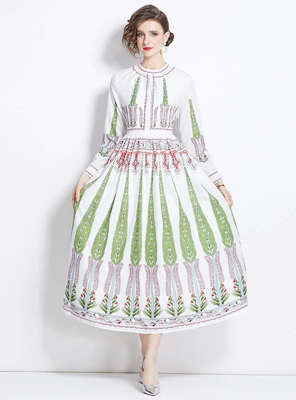 ROUND NECK LONG SLEEVE PLEATED PRINTED DRESS Traditional Women's Wool