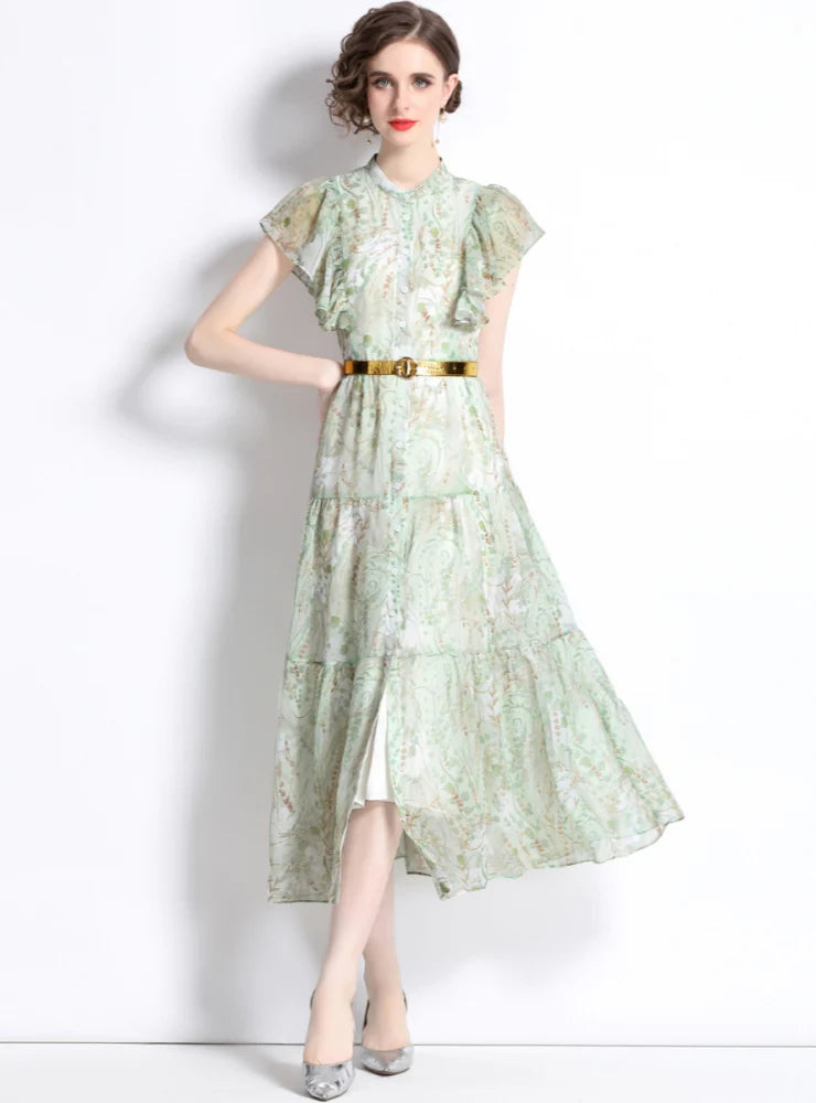 ROUND NECK LOTUS LEAF SHORT SLEEVE PRINTED DRESS Cashmere