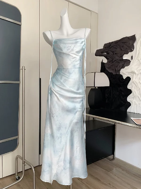 Ruched Slit Blue Satin Summer Maxi Dress Monochromatic Office Style
