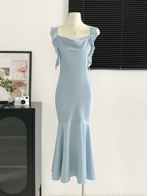 Ruffle Straps Sky-Blue Mermaid Maxi Party Dress Earthy Women's Hemp - based