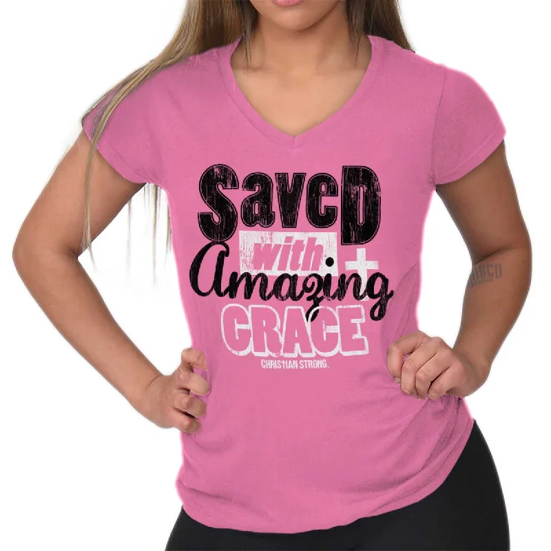 Saved With Amazing Grace Junior Fit V-Neck T-Shirt Disco