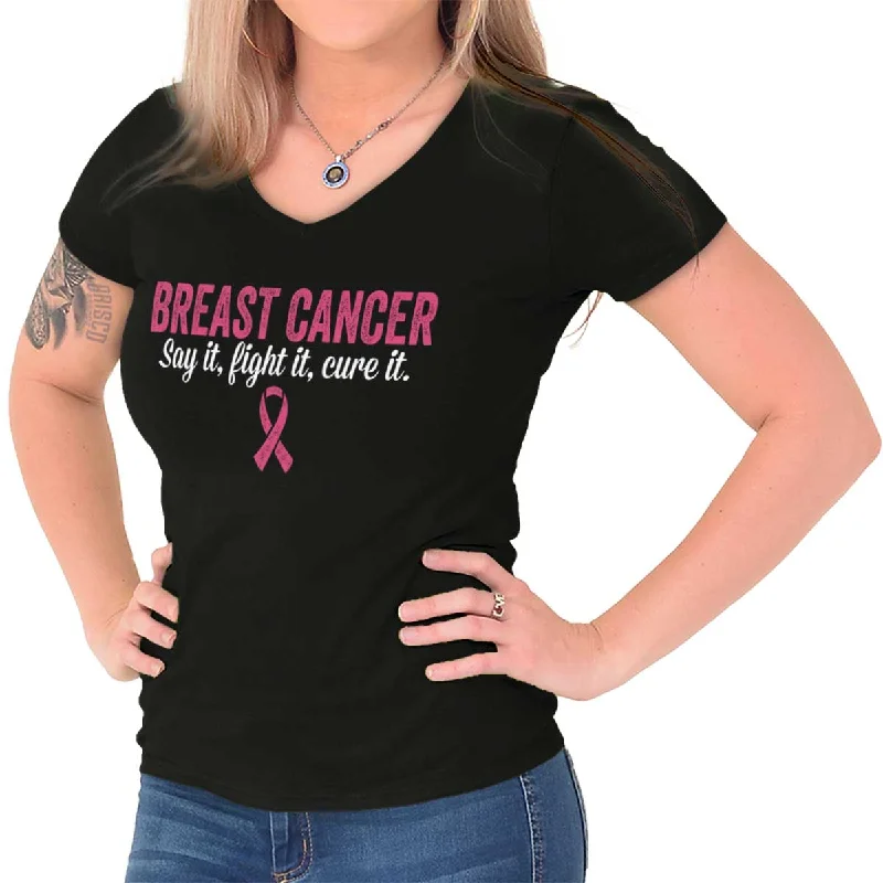 Fight Cure Breast Cancer Junior Fit V-Neck T Shirt Artistic Women's Hand - painted