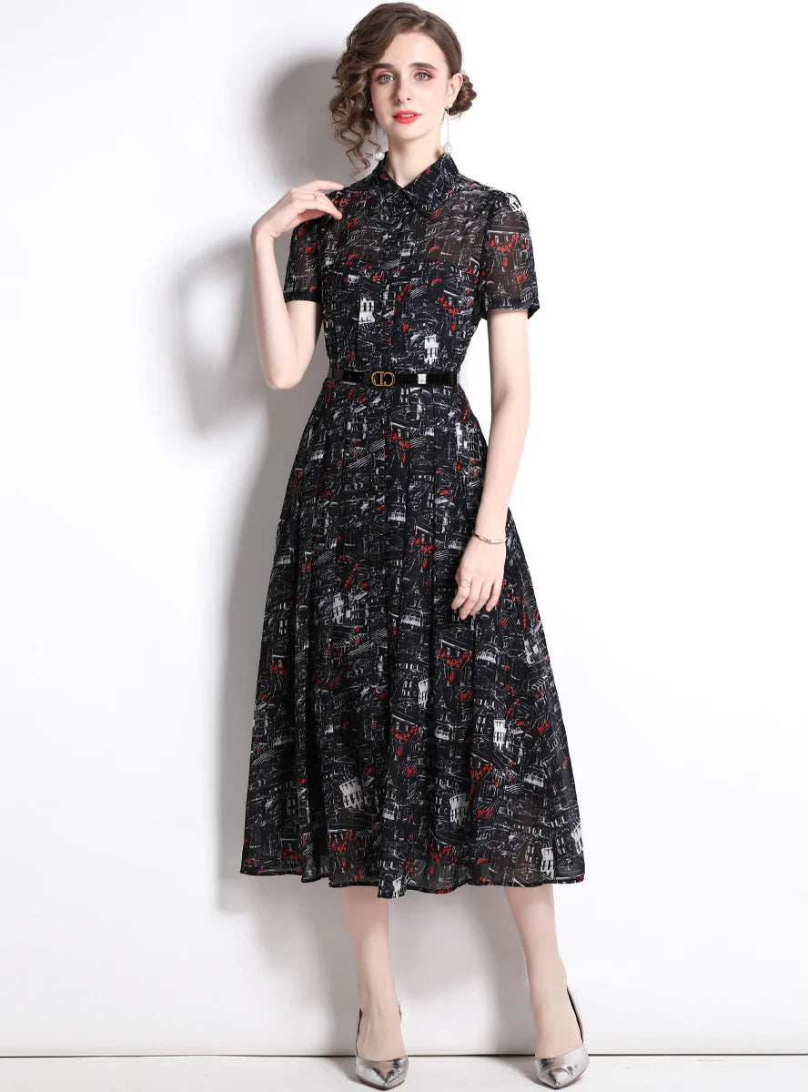 SHIRT COLLAR SHORT SLEEVE SLIM RETRO PRINT DRESS Sleek Women's Metallic