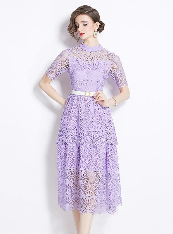 SHORT-SLEEVED LACE MEDIUM-LONG DRESS Sleek Women's 