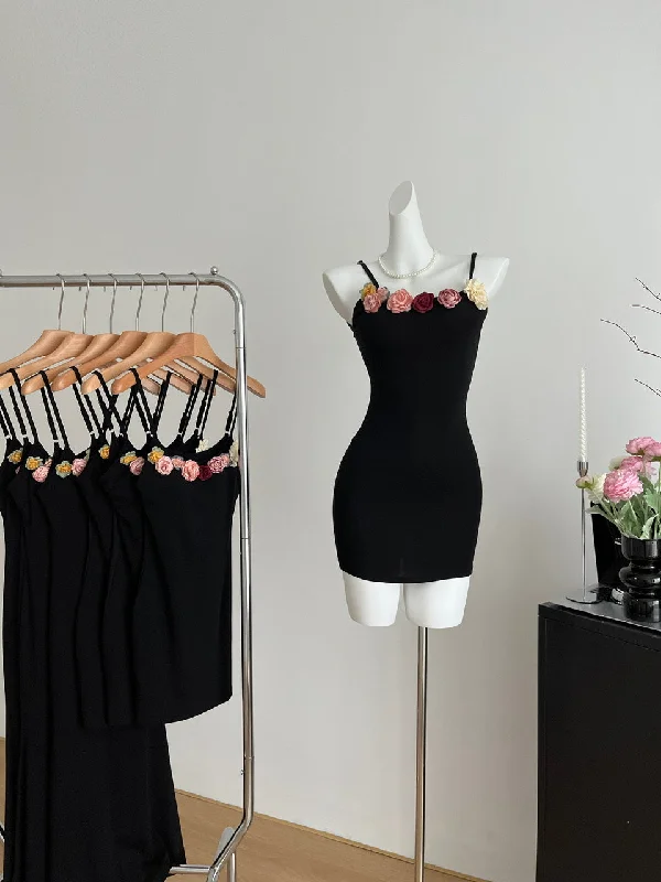 Sleek Black Floral Neckline Accents Mini Dress Monochromatic All - in - one