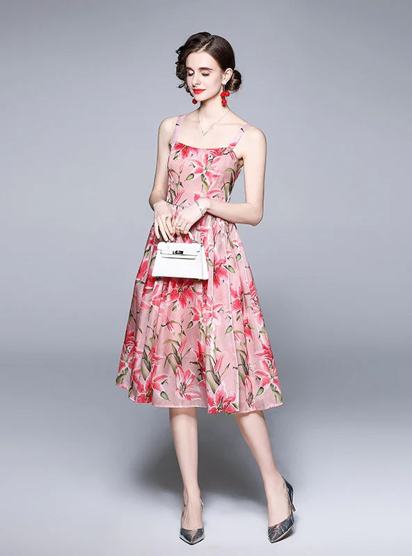 SLIM-FIT MID-LENGTH PRINTED SUSPENDERS DRESS Preppy Women's College