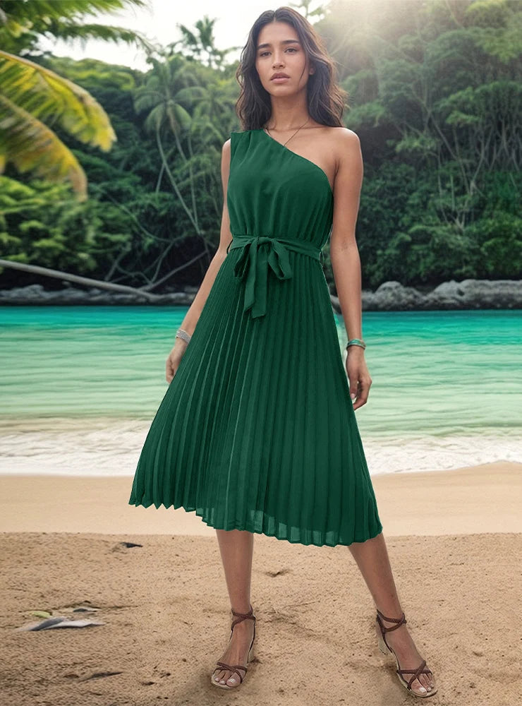 SOLID COLOR ONE SHOULDER DRESS Sophisticated Women's 