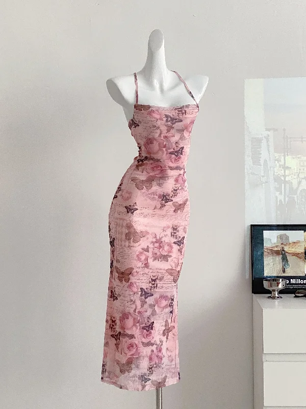 Spaghetti Straps Floral Pink Summer Maxi Dress Sleek Women's Metallic