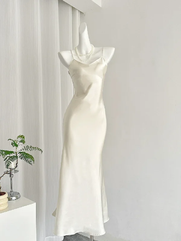 Subtle Cowl Neckline Ivory Satin Party Dress Athletic Women's 