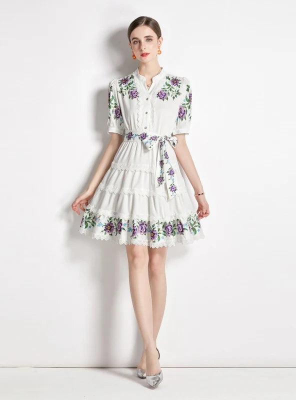 V-NECK BUBBLE SLEEVE LACE PRINT DRESS Hip Women's Urban