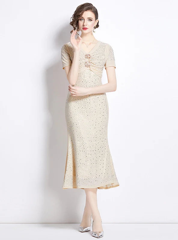 V-NECK RHINESTONE SLIM FISHTAIL DRESS Unique Women's Upcycled