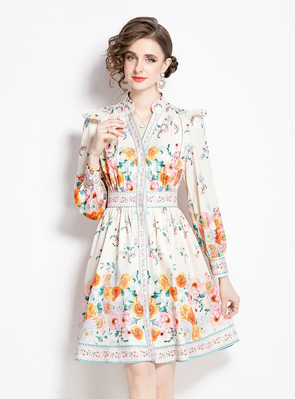 VINTAGE PRINTED V-NECK LANTERN SLEEVE SLIM DRESS Dapper Women's Bow - adorned