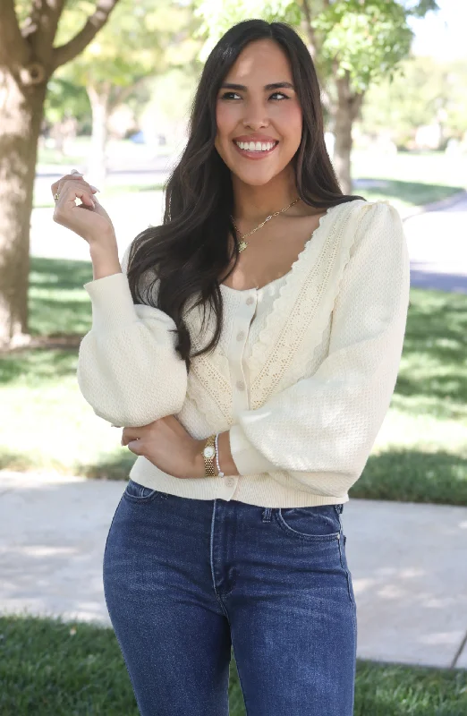 Beautifully You Cream Lace Knit Cardigan Top Monochromatic Office Style