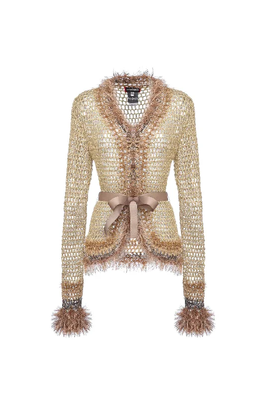 Camel Handmade Knit Cardigan Polished Women's Silk