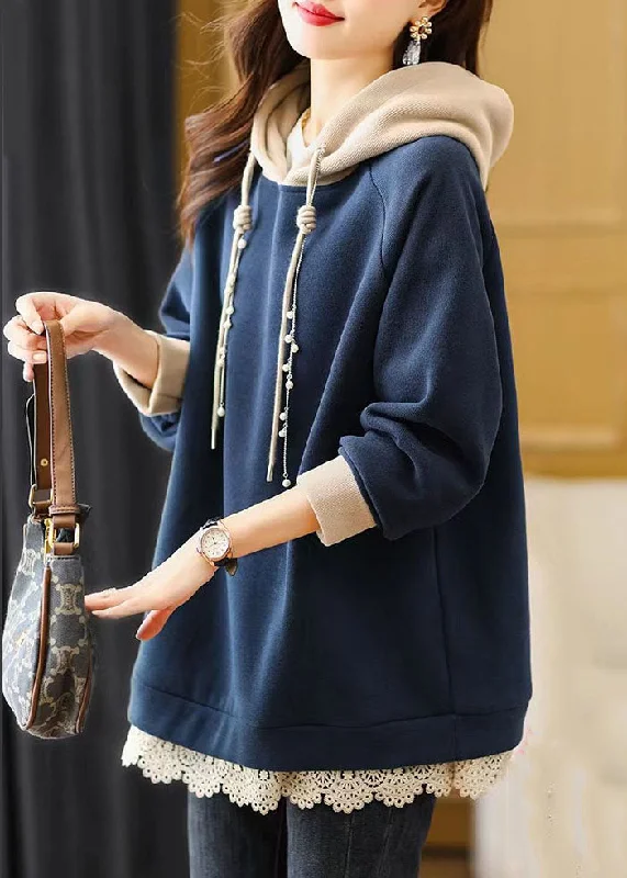 Casual Navy Blue Drawstring Lace Patchwork Fleece Hoodie Sweatshirt Fall Artistic Women's Avant - Casual Navy Blue Drawstring Lace Patchwork Fleece Hoodie Sweatshirt Fall Artistic Women's Avant -