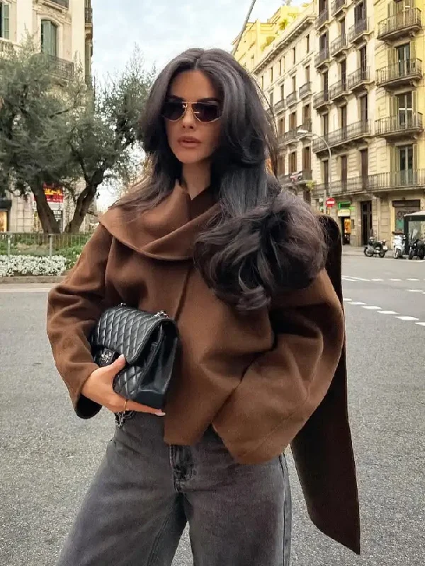 Clepa Vintage Woolen Short Coat in Brown with Scarf Traditional Women's 