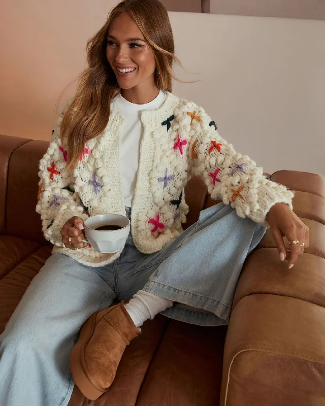 Cozy Moments Embroidered Pom Pom Cardigan Cool Women's Distressed