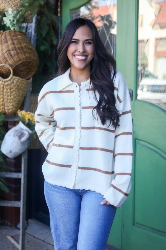 Glimpse Into Tomorrow Cream Striped Cardigan Sweater Dapper Women's Bow - adorned