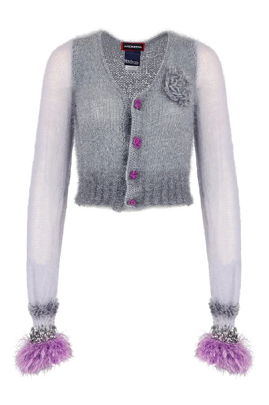 Grey Handmade Cashmere Knit Cardigan Vintage Women's 1970S 