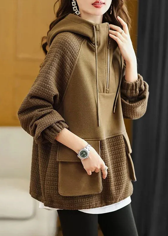 Handmade Coffee Patchwork Drawstring Hoodie Sweatshirts Long Sleeve Street