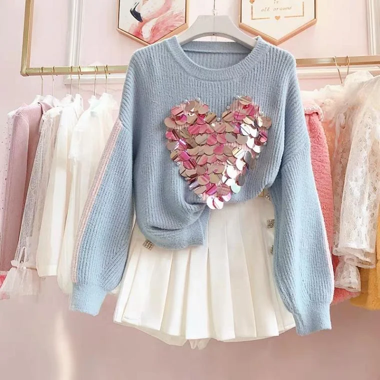 Heart Embellished Sweaters Hip Women's Retro