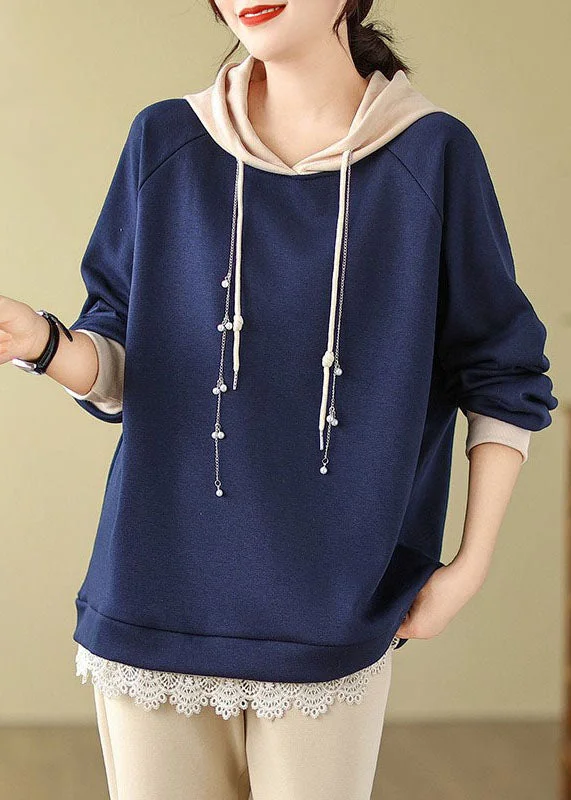Italian Navy Blue Drawstring Lace Patchwork Fleece Hoodie Sweatshirts Long Sleeve Bold Women's Statement Italian Navy Blue Drawstring Lace Patchwork Fleece Hoodie Sweatshirts Long Sleeve Bold Women's Statement