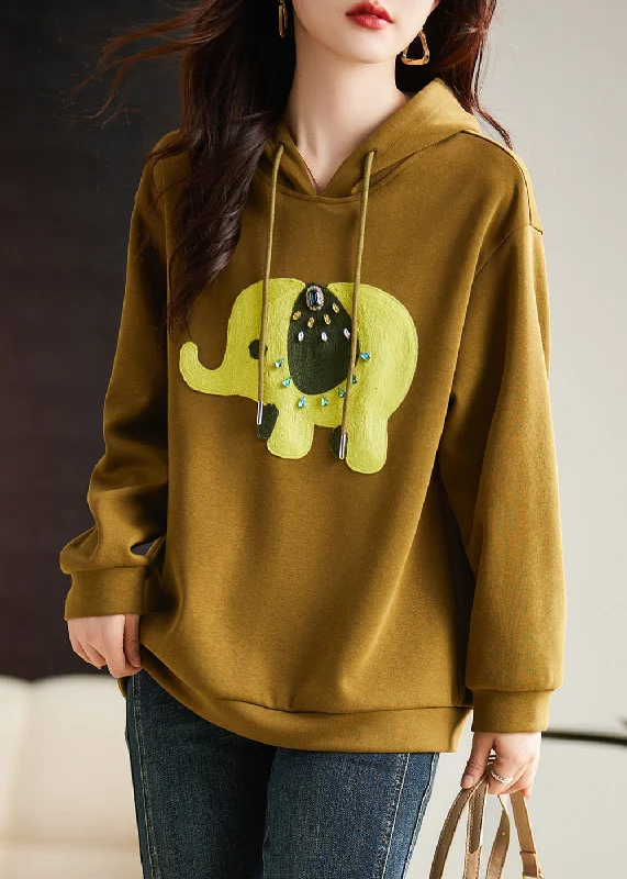Italian Yellow Print Drawstring Hoodie Sweatshirt Long Sleeve Trendy Women's 